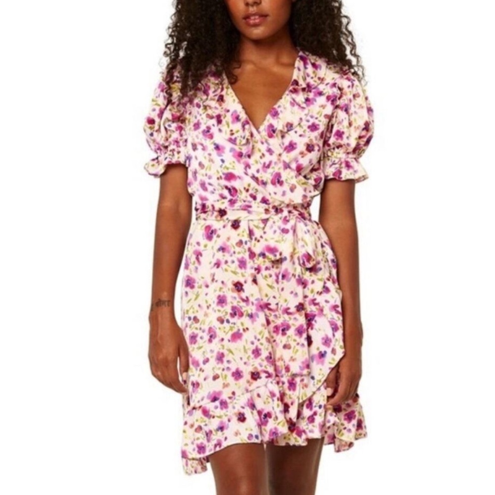 MISA Los Angeles Dress Floral Wrap Silky Ruffle Mini Dress Pink Fuchsia Medium